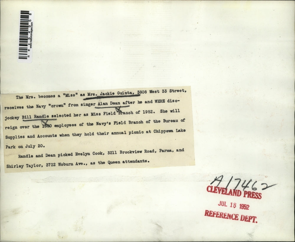 1952 Press Photo Mrs Jackie Guinta, singer Alan Dean, Bill Randle Miss Field Br