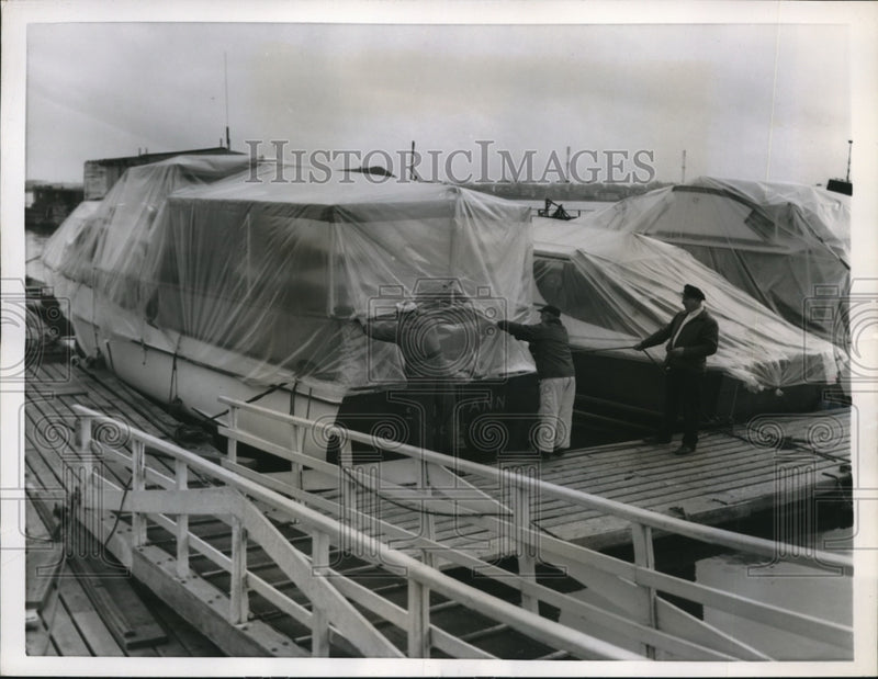 Load image into Gallery viewer, 1955 Press Photo Boston Mass Yacht basin boats wrapped for storage
