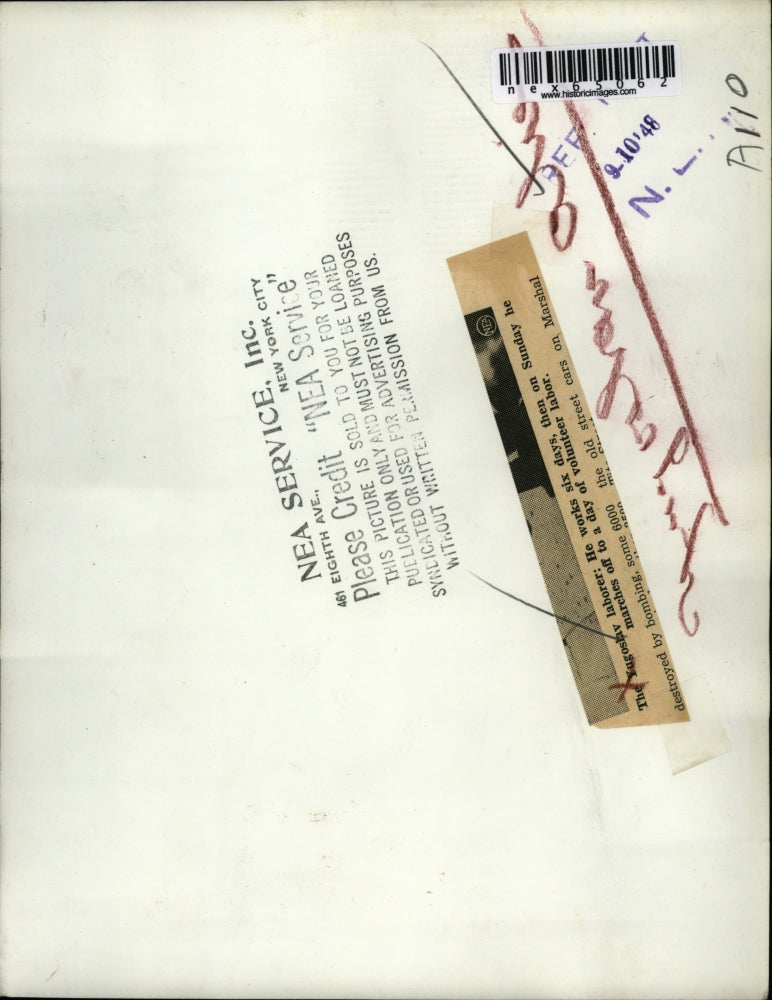 1948 Press Photo Yugoslav laborer, work 6 days then on sunday he marches off