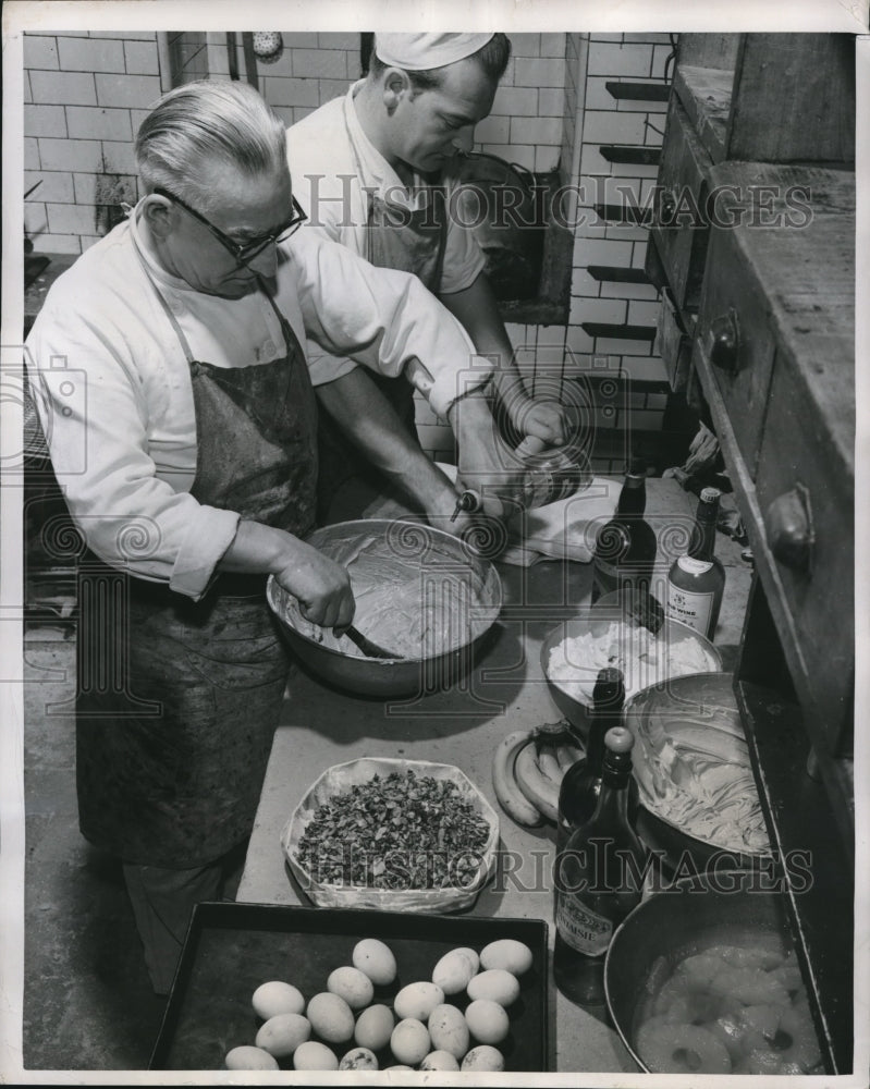 Load image into Gallery viewer, 1949 Press Photo Joseph Gonided &amp; asst Geo Zimmerman in pastry kitchen
