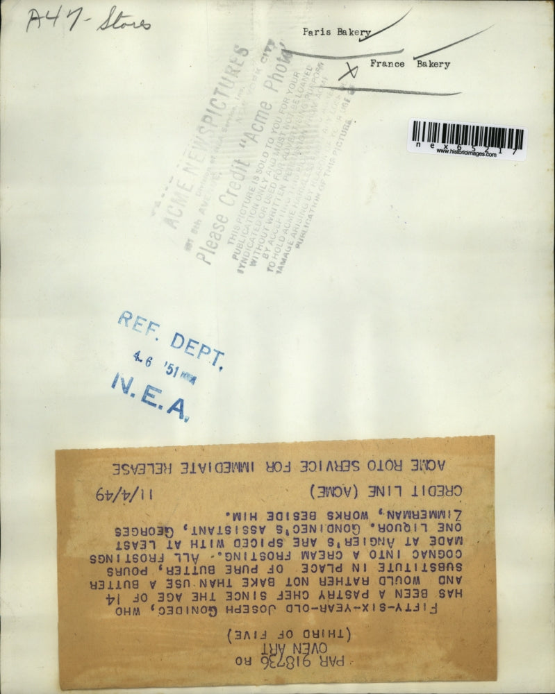 1949 Press Photo Joseph Gonided & asst Geo Zimmerman in pastry kitchen