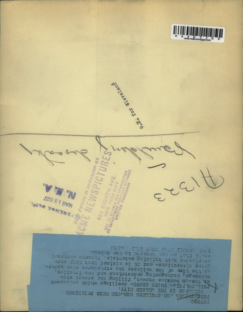 1927 Press Photo Watkins Street Philadelphia Pa. building collapse