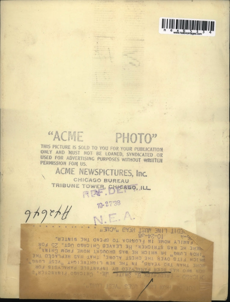 1938 Press Photo Chicago Frederick Snite Jr with infantile paraylsis