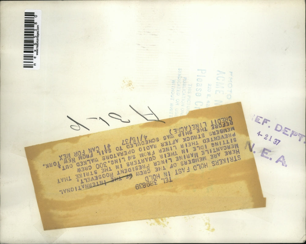 1937 Press Photo International Marine Liner President Roosevelt crew strike