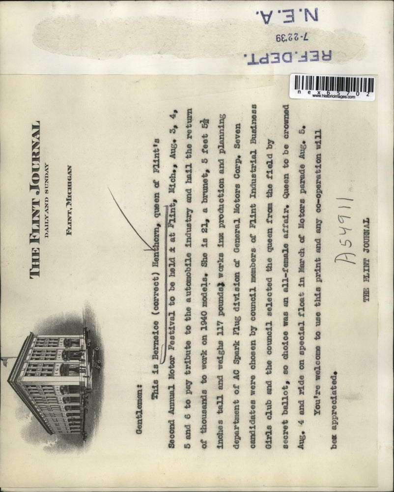 1939 Press Photo Bernice Henthorn, Queen Of Flints Second Annual Motor Festival