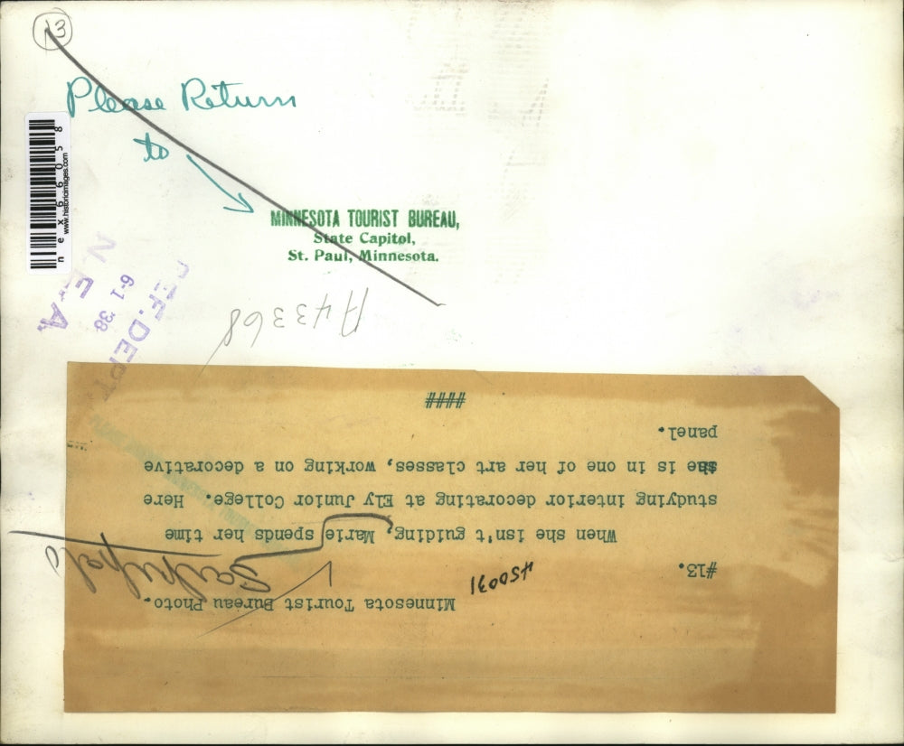 1938 Press Photo Marie spends her time studying interior decorating