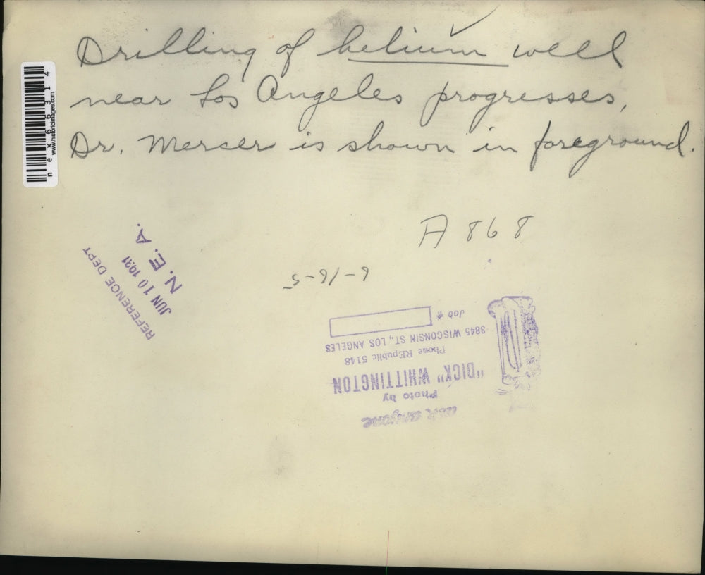 1931 Press Photo Drilling of Helium Well near Los Angeles. Mrs. Mercer is shown