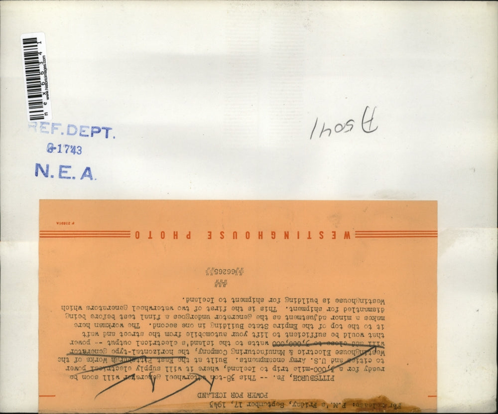 1943 Press Photo Westinghouse Electric Co waterwheel generator power Army camps