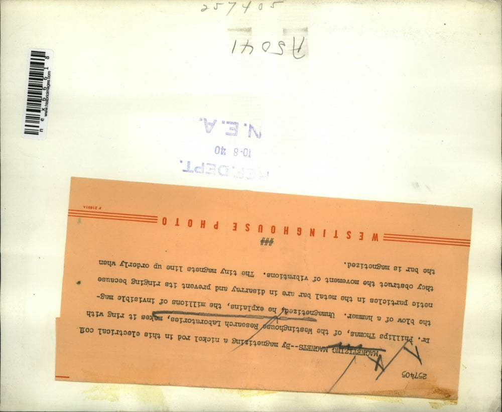 1940 Press Photo Westinghouse Lab,Dr Phillips Thomas magnetized rod rings