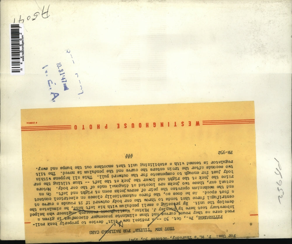 1947 Press Photo Westinghouse Lab,railroad tilt system allow level transporation