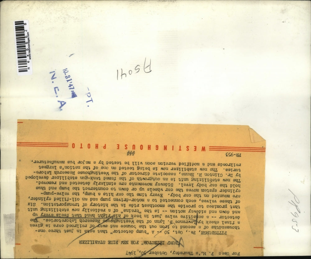 1947 Press Photo Westinghouse Lab, railroadsystem bump test for level transport