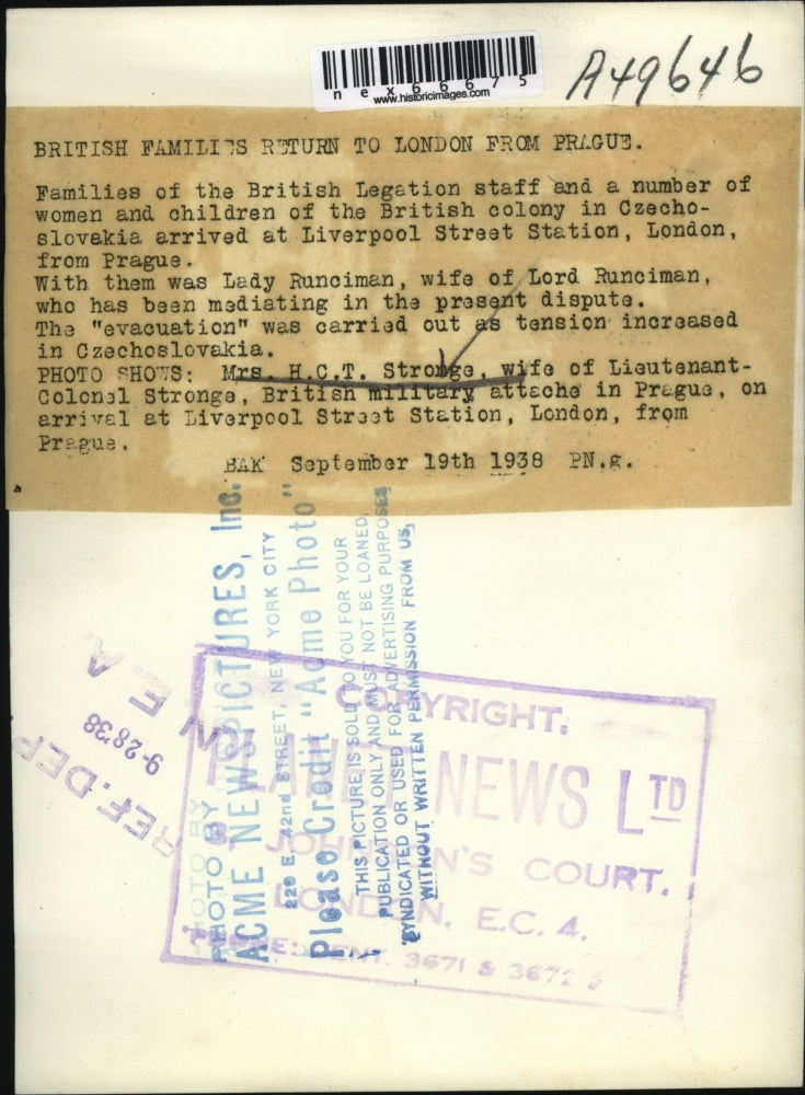 1938 Press Photo Mrs. H.C.T. Stronge Returns To London From Prague