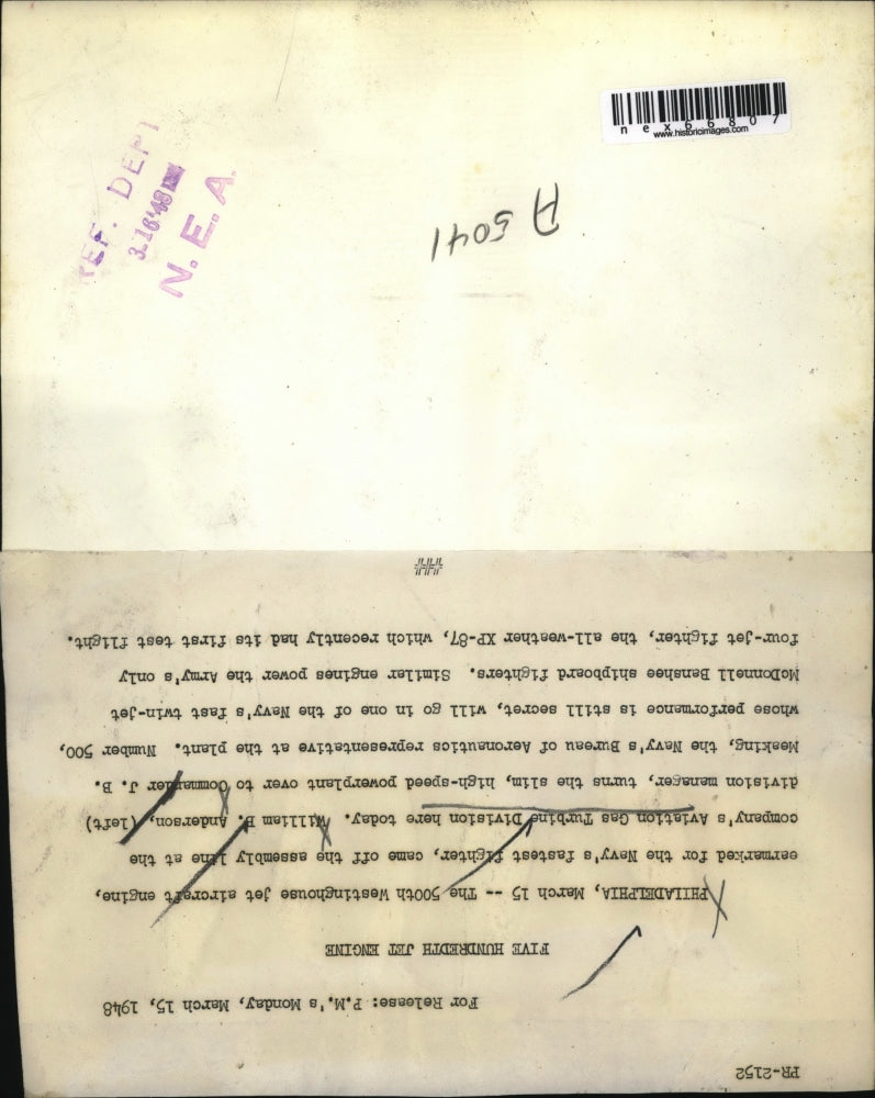 1948 Press Photo 500th Westinghouse jet aircraft engine at Aviation Gas Turbine