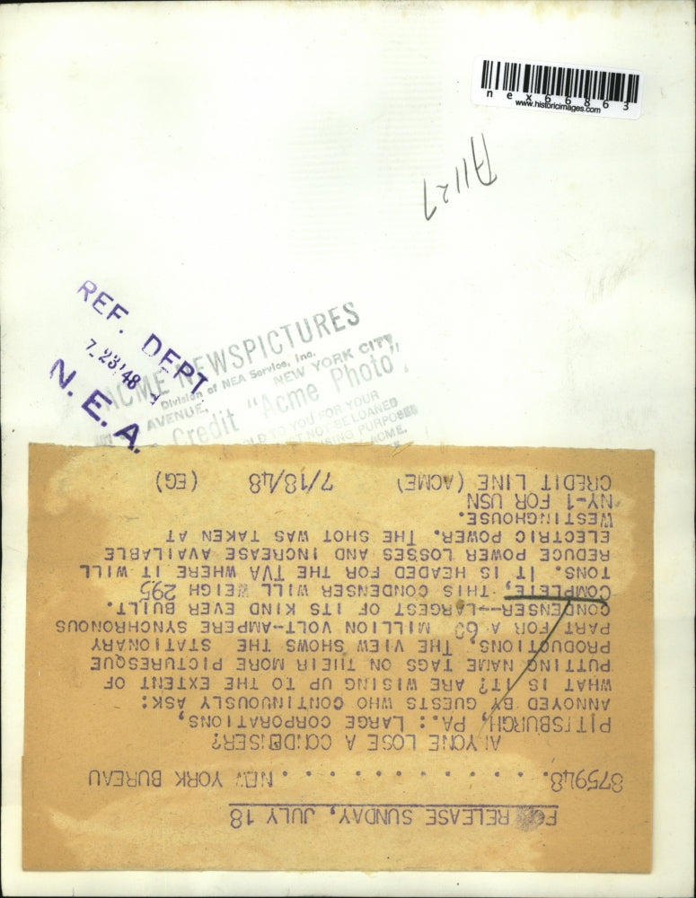 1948 Press Photo Westinghouse 60 million volt amp synchronous condenser