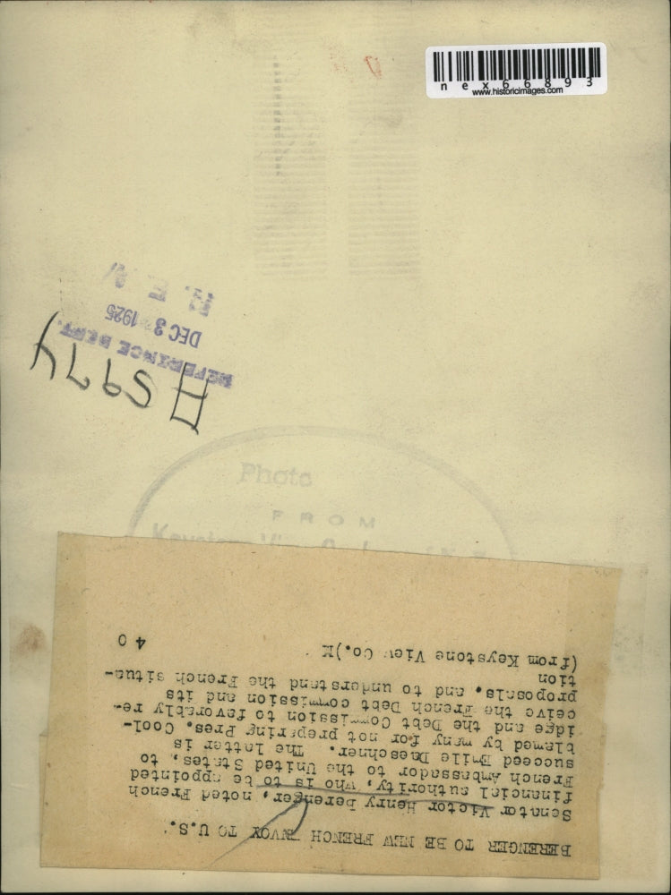 1925 Press Photo Sen. Victor Henry Berenger, noted French financial authority