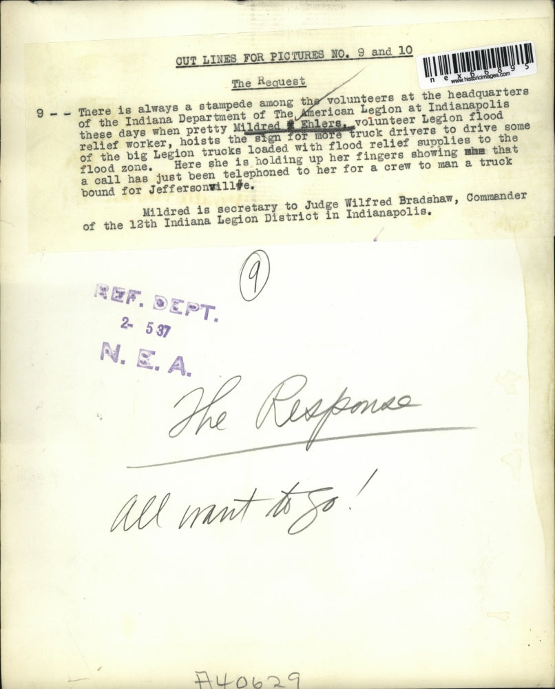 1937 Press Photo Mildred Ehlers, Volunteer Legion flood relief worker