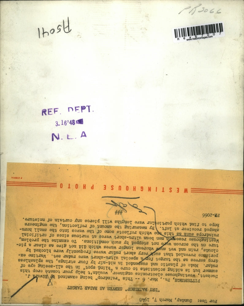 1948 Press Photo Westinghouse lab, radar waves blocked by rain/weather tested