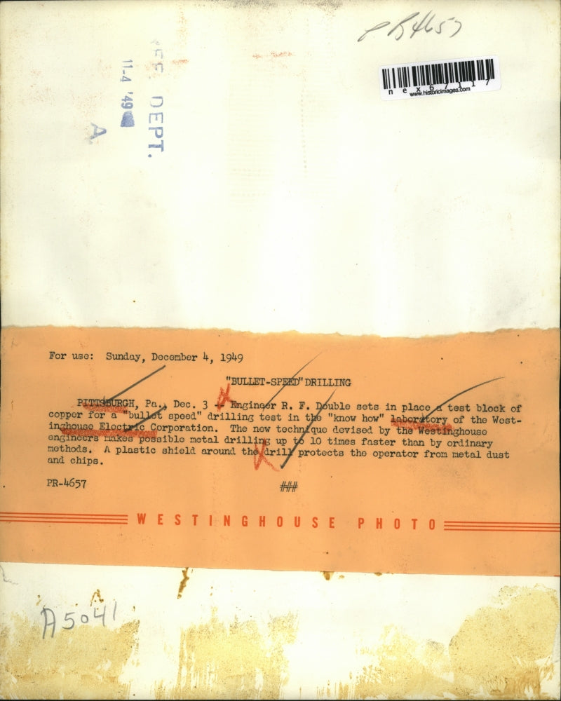 1949 Press Photo Westinghouse lab, bullet speed drilling faster and precise