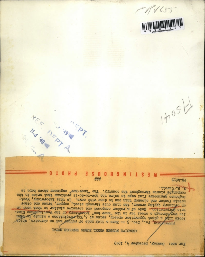 1949 Press Photo Westinghouse lab, disk rubber/abrasive cuts thru steel objects