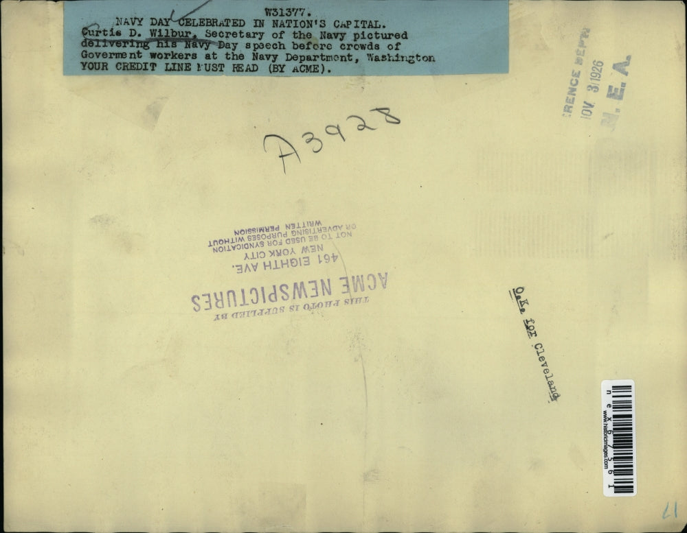 1926 Press Photo Curtis Wilbur Secretary of Navy giving Navy Day Speech in DC