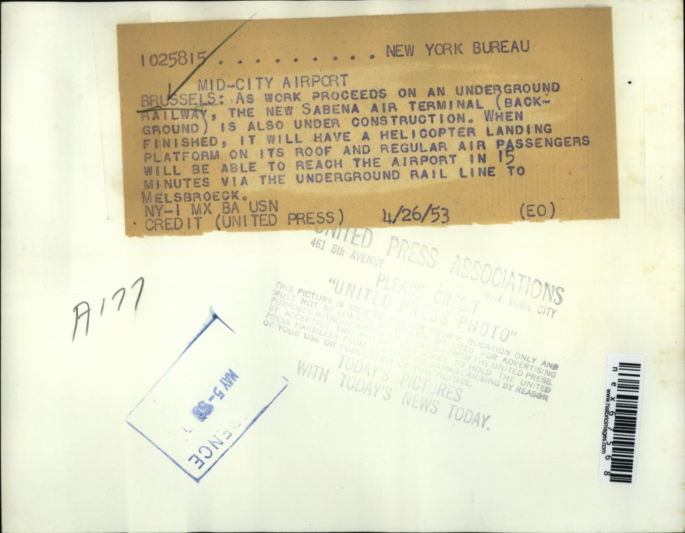 1953 Press Photo Brussels, New Sabena Air Terminal & underground railway