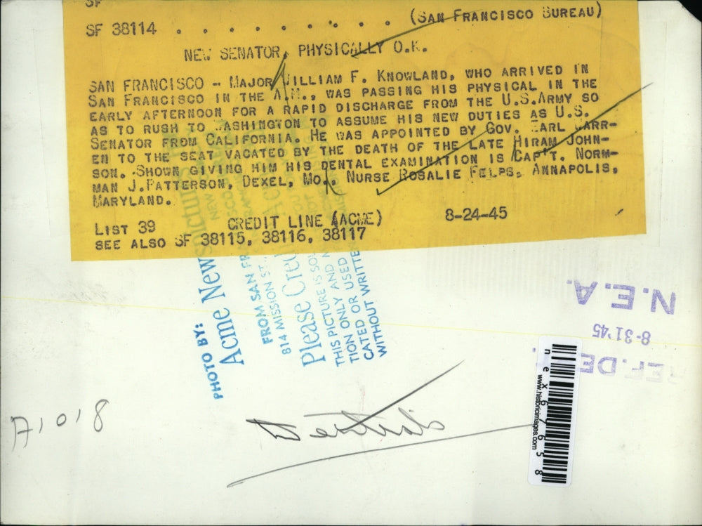 1945 Press Photo San Francisco Maj Wm Knowland nurse R Felps & Capt Patterson