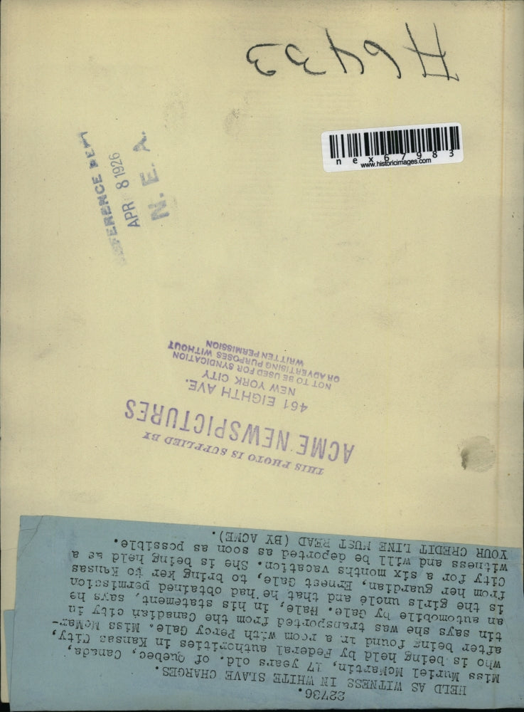 1926 Press Photo Muriel McMartin Quebec Canada held in Kansas City kidnap