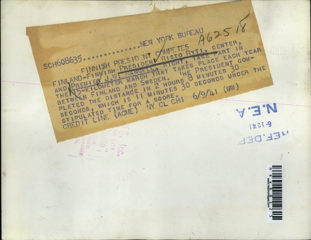 1941 Press Photo Finland Pres Risto Ryti & Premier JW Rangell walk to Sweden