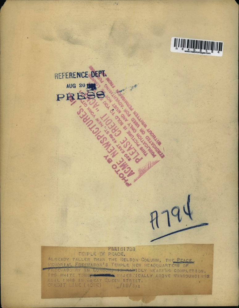 1931 Press Photo Peace Memorial Freemaon's Temple, London headquaters