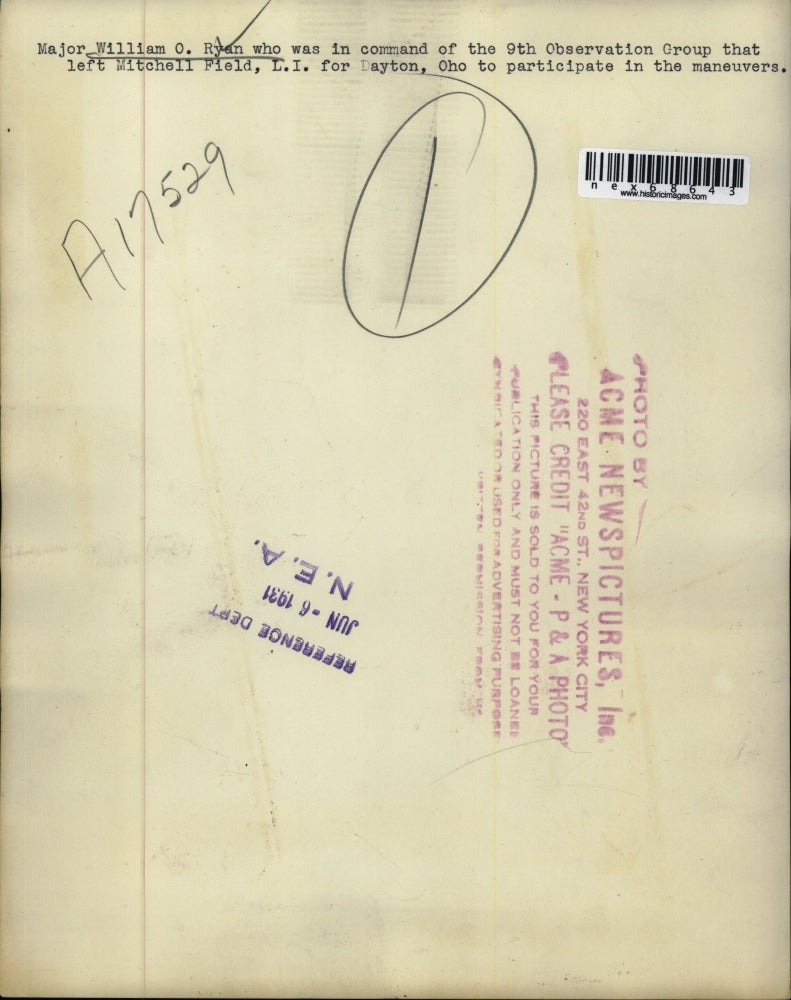 1931 Press Photo Major Wm.Ryan, commander 9th Observation Group, Mitchell Fld.