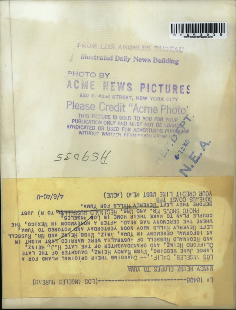 1940 Press Photo LA Calif Mr & Mrs Reginald Russell nee Nancy Heinz