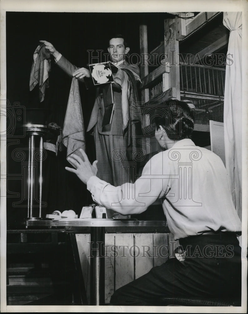 Load image into Gallery viewer, 1947 Press Photo Instructor Joe Romero &amp; student Scott Riggs on stage
