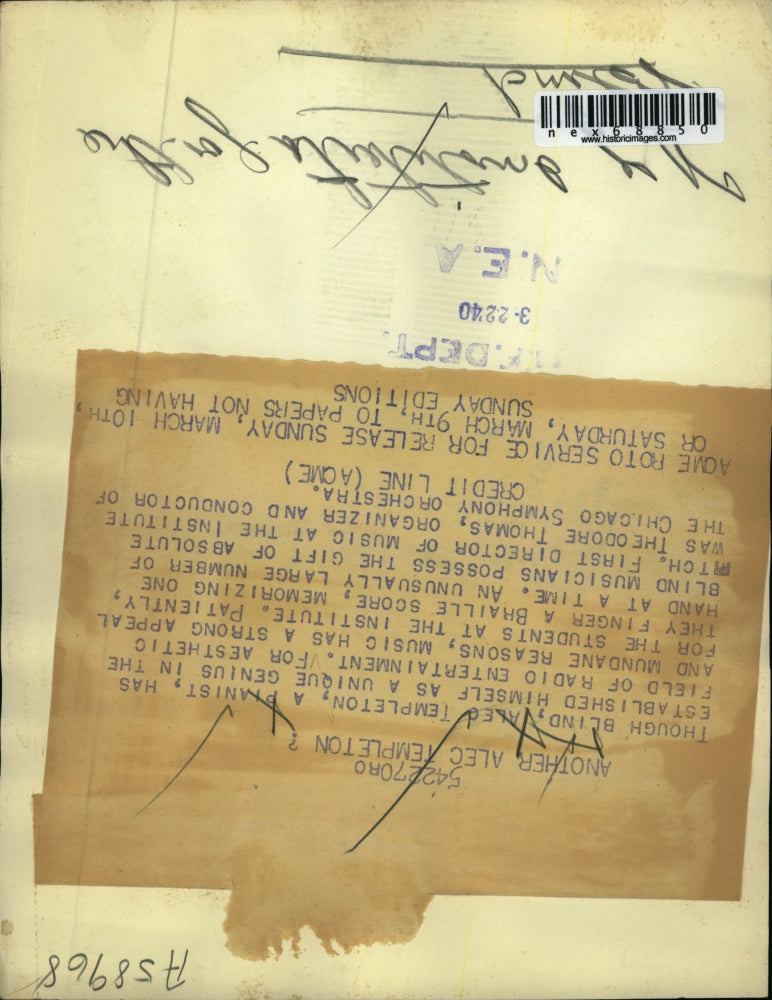 1940 Press Photo Alec Templeton blind man at his piano