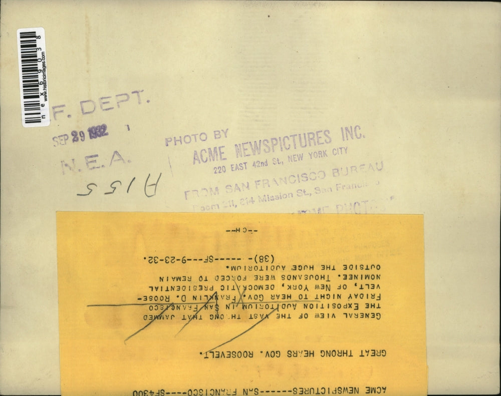 1932 Press Photo Exposition Auditorium San Francisco hear Gov.Franklin Roosevelt