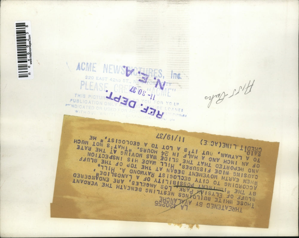 1937 Press Photo Elysian Park LA Calif earthquake cauused mud slide area