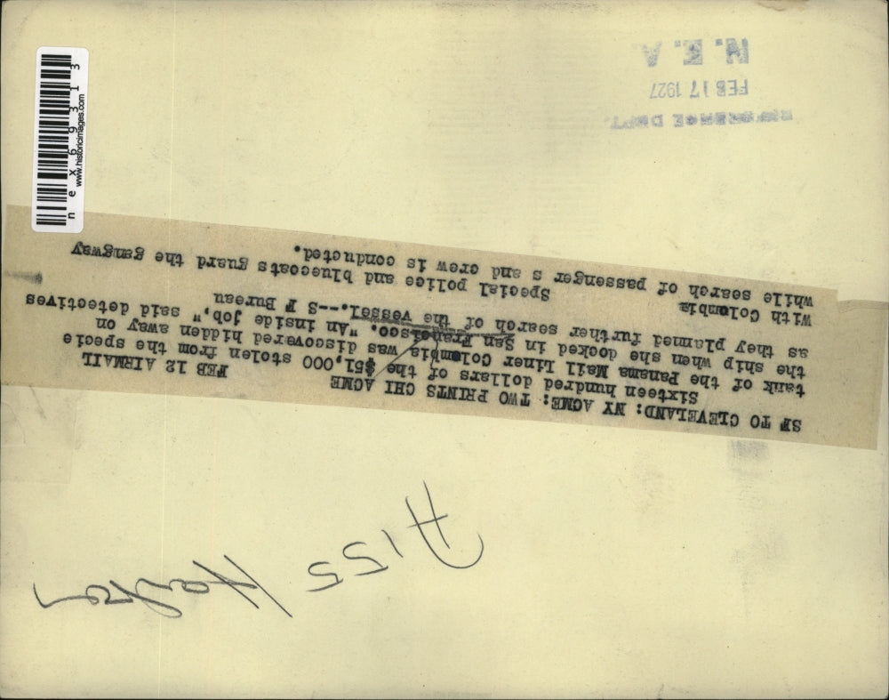 1927 Press Photo San Francisco Panamail Liner that had 1600 dollars stolen