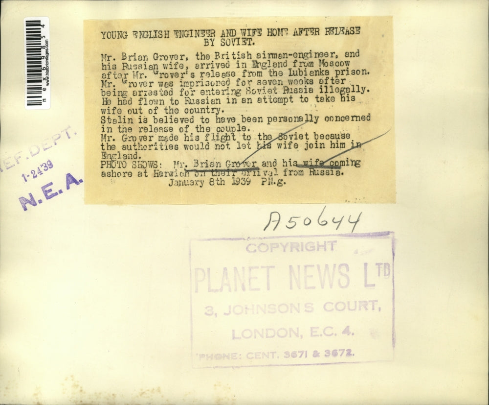 1939 Press Photo Brian Grover British airman & Russian wife-release from prison