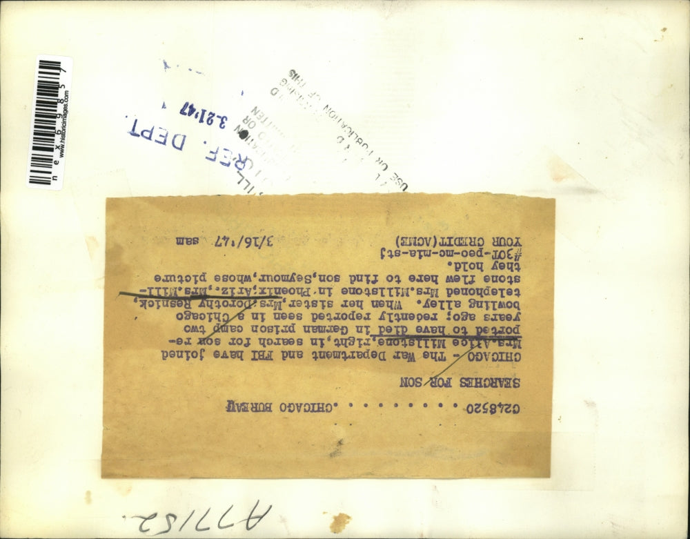 1947 Press Photo Chicago War department /FBI, Mrs Alice Millstone find her son