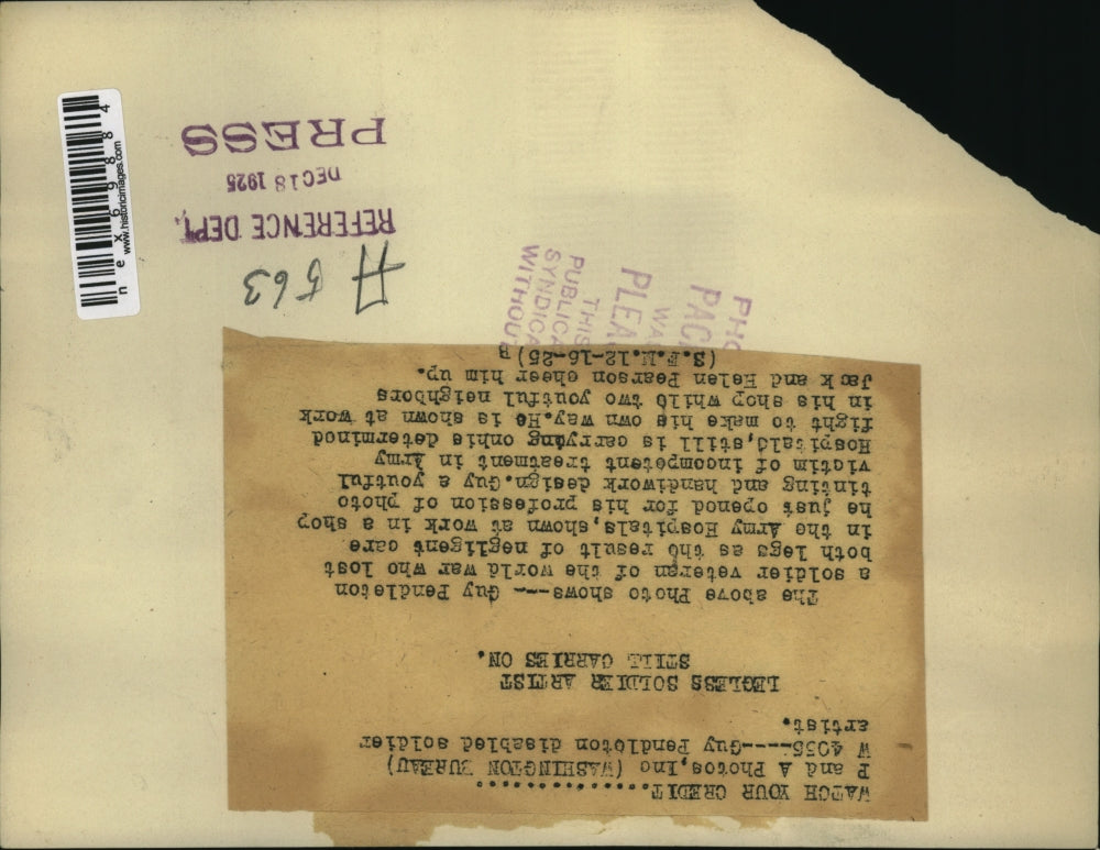 1925 Press Photo Gay Pendleton at Army hospital after loss of legs