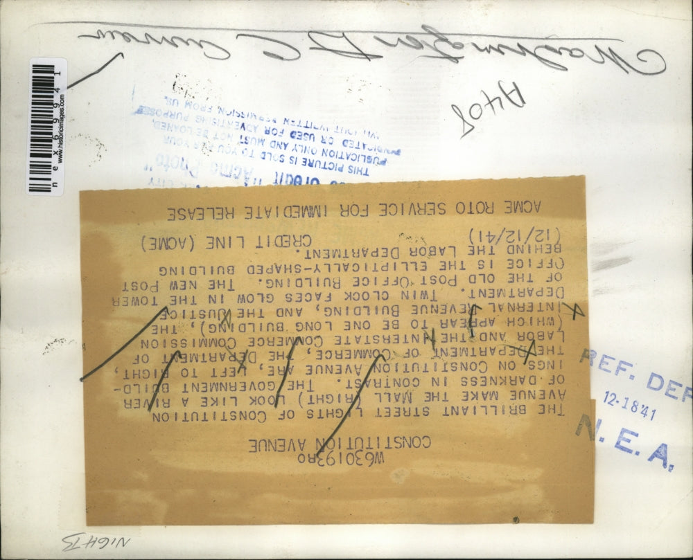 1941 Press Photo Constitution Ave & Justice Dept of Wash DC in night view