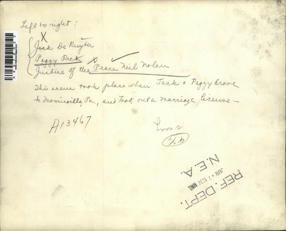 1934 Press Photo Jack de Ruyter, Peggy RickJustice Neil Nolan in Pa wedding