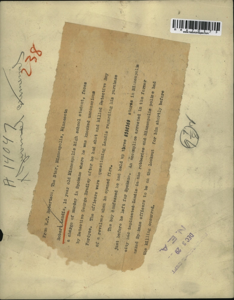 1929 Press Photo Robert Landis Minneapolis Mn murder charges