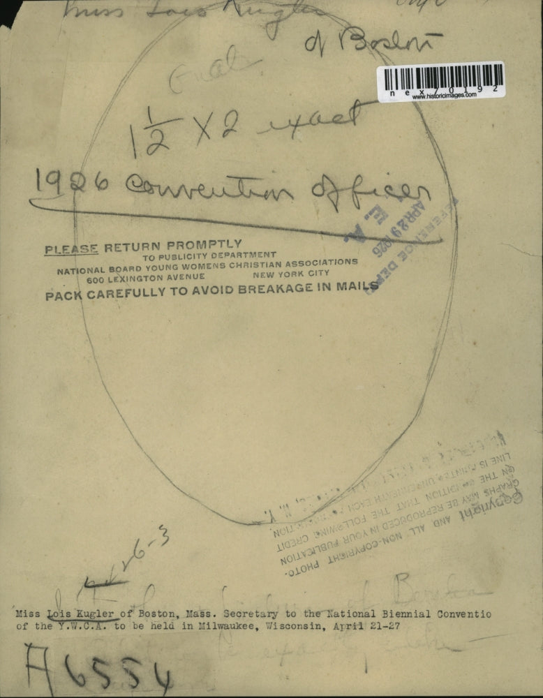 1926 Press Photo Ms. Lois Kugler, Sec. to the Nat'l Biennial Convention of YWCA