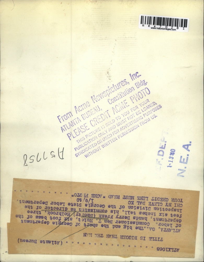 1940 Press Photo Labor Commissioner Ben T. Huiet and Berry Frank Holbrook