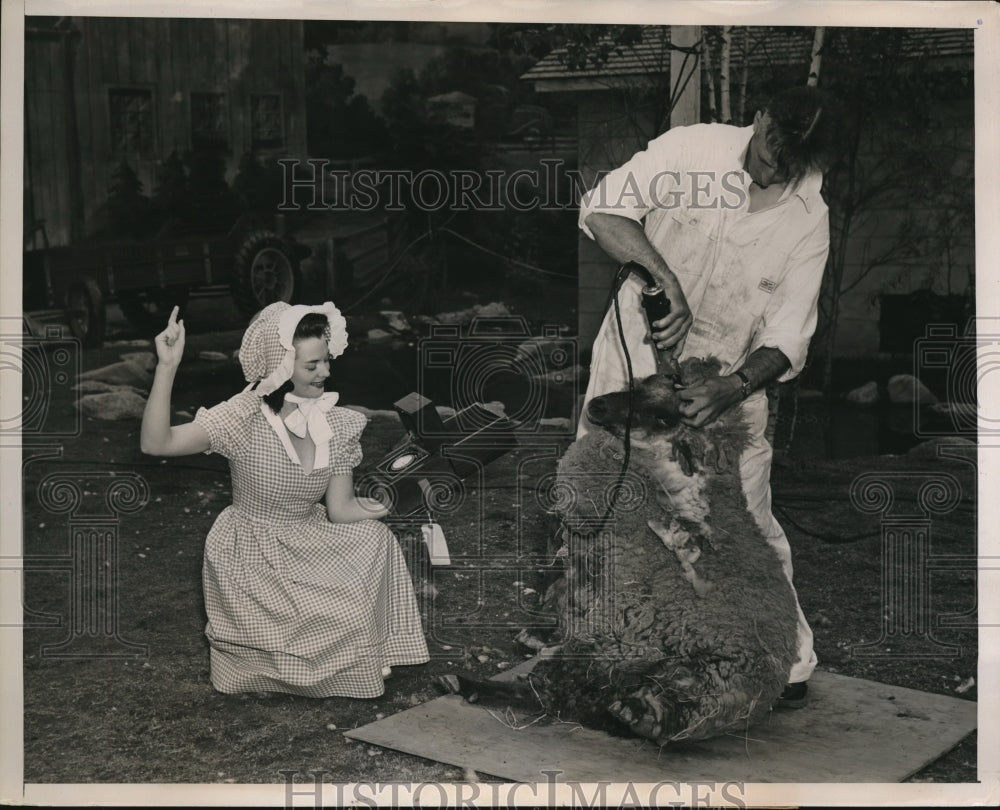 1940 Press Photo Firestone Worlds Fair Eric Patterson shears sheep