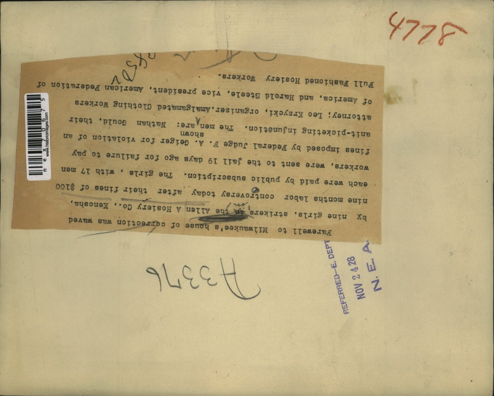 1928 Press Photo Milwaukee Wis house of correction, AA Hosiery Co strikers