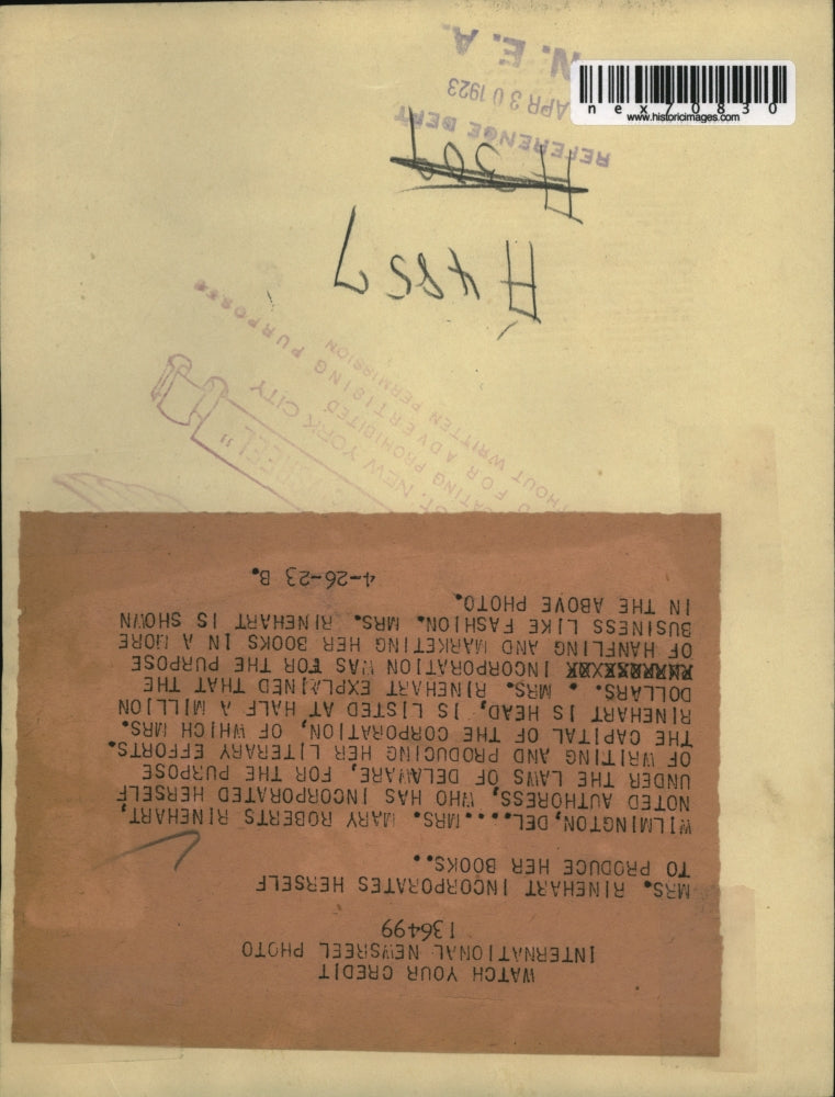 1923 Press Photo Wilmington Del Mrs Mary R Rinehart author & her horse