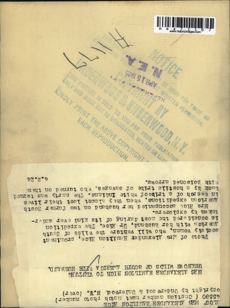 1924 Press Photo Mrs Alexander Hamilton Riice society woman heads to S America