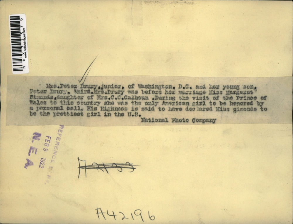 1922 Press Photo Mrs Peter Drury, Washington D.C. With Son on Trip To England