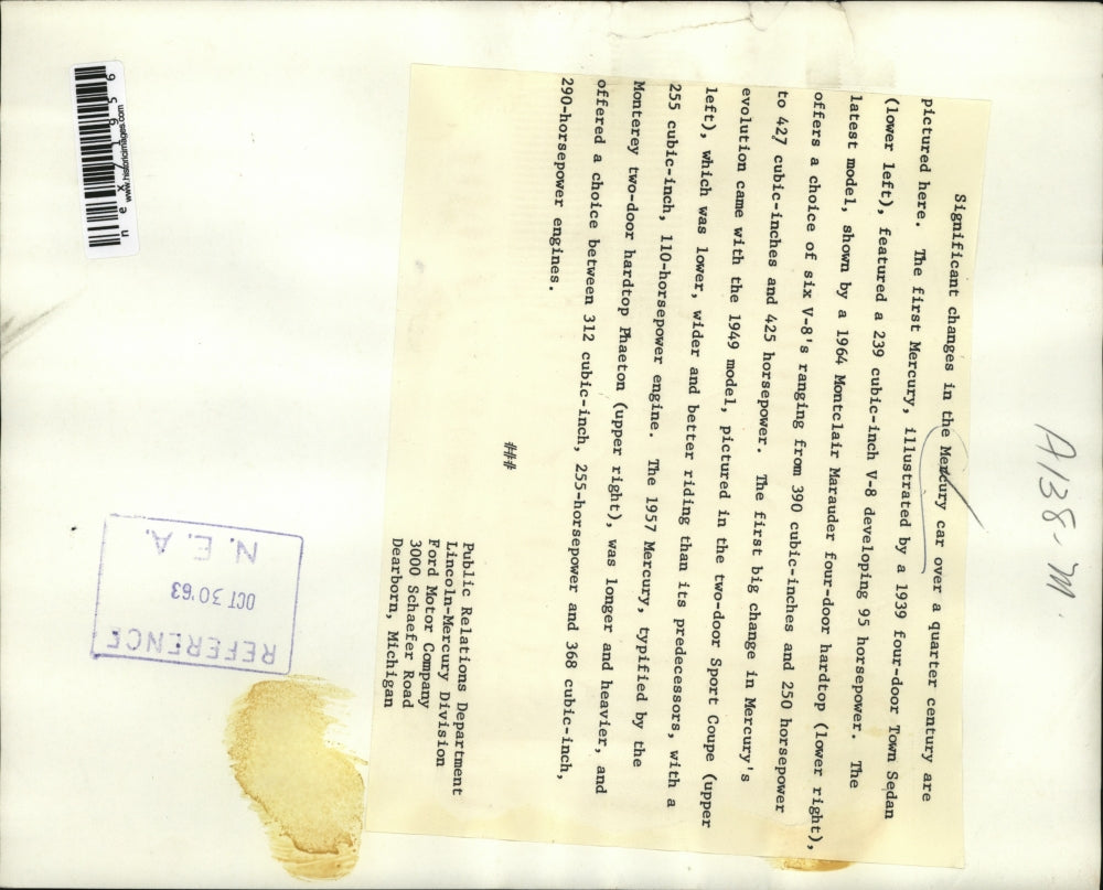 1963 Press Photo (top to bottom) Mercury cars, 1949, 1957, 1939 & 1964 models